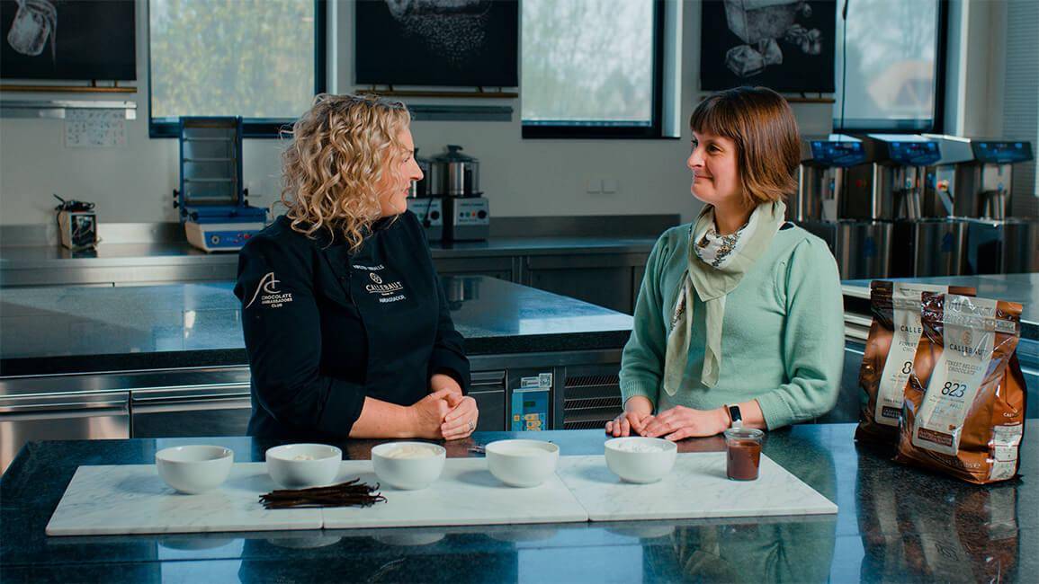 Kirsten Tibballs and Callebaut expert in the lab